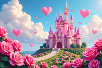 Wall Mural - Pink castle, heart-shaped roses, whimsical clouds, beautiful, sky