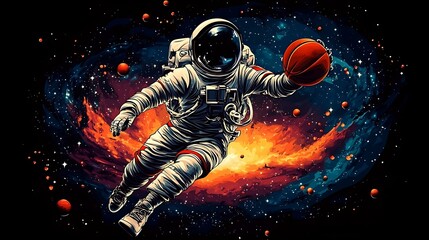 astronaut playing basketball in space illustration