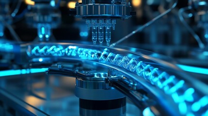 Poster - In a biotechnology research facility, automated robotic systems are busily processing liquid samples through a transparent tube.