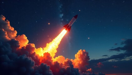 Wall Mural - Mighty rocket ascends, fiery exhaust trails across night sky , ascent, nebula