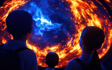 Wall Mural - Two children gaze in awe at a vibrant, swirling cosmic display of fiery orange and deep blue, evoking wonder about the universe.