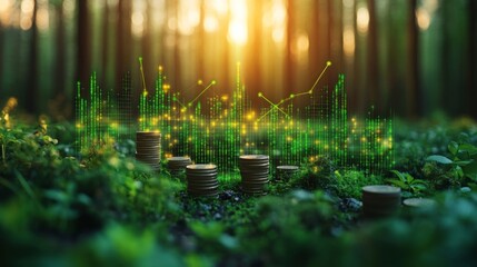 Poster - Amidst a vibrant forest at sunset, stacks of coins rise from the ground, surrounded by green foliage. Digital graphs and data visuals illustrate the growth of sustainable finance initiatives.