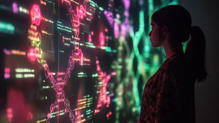 Aufkleber - A person engages with a vibrant digital display showcasing bioinformatics data, including DNA structures and various algorithms.