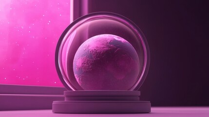 Wall Mural - A glowing purple planet enclosed in a glass orb, set against a soft pink background, creating a dreamy cosmic atmosphere.
