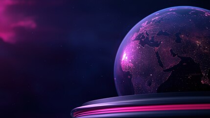 Wall Mural - A futuristic globe with vibrant cosmic colors, illuminated cities, and a dark, starry background, suggesting a blend of technology and space.