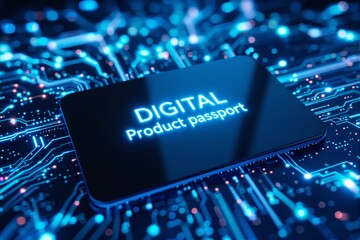 Digital product passport glowing text on a futuristic circuit board background.