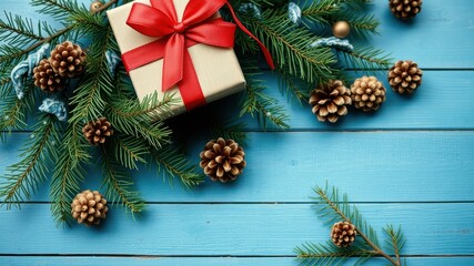 Poster - A rustic Christmas gift wrapped in brown paper and red ribbon nestled among evergreen branches and pine cones on a blue wooden surface.