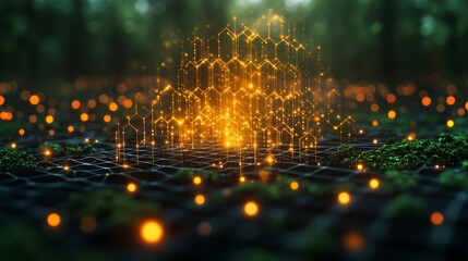 Fototapete - Bright golden geometric structures rise from a dark mesh surface adorned with luminescent dots and lush greenery. The twilight setting adds depth and intrigue to the scene.