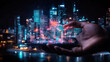 © Worakit - hand holding smartphone displays digital data graphs over city skyline. vibrant colors and technology evoke sense of innovation and progress