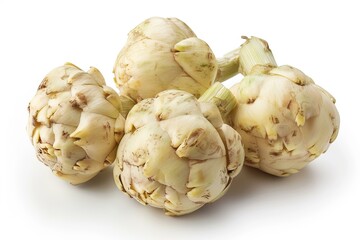 Canvas Print - Four whole artichokes with pale green and off white coloring sit on a bright white background