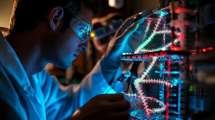 Leinwandbilder - A scientist focuses on intricate circuitry, connecting bio-computer systems in a dimly lit lab. The vibrant lights illuminate the complex equipment, showcasing technological innovation and research.