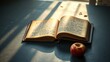 © BokehBox - A leather-bound journal rests open on a dark surface, bathed in the soft glow of sunlight streaming through a window, with a red apple resting nearby, hinting at a story waiting to be told.