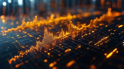 Poster - Bright orange and gold lines illustrate stock market movements against a dark, grid-like background. This graphic captures rapid changes and trends in financial data.