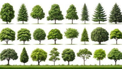 Collection of Diverse Green Trees Isolated on White Background