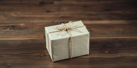 Canvas Print - A simple brown gift box wrapped with twine on a wooden surface, conveying a sense of understated elegance and thoughtful presentation.