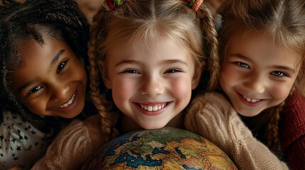 Three diverse young girls embracing a globe, smiles beaming.