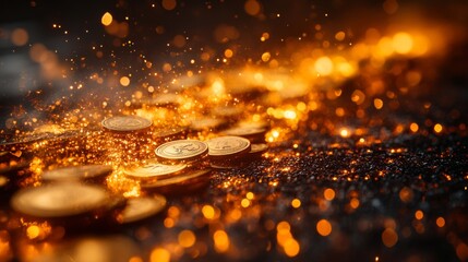 Aufkleber - A collection of coins lies scattered on a dark surface, illuminated by a golden glow from tiny particles swirling around, evoking a sense of luxury and abundance.