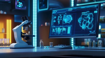 Poster - A modern laboratory features a high-tech microscope alongside an advanced computer display. The scene is illuminated with blue light, highlighting intricate digital data and laboratory equipment.