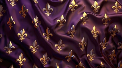 Wall Mural - A sophisticated background featuring golden fleur-de-lis patterns, softly backlit on a deep purple silk texture