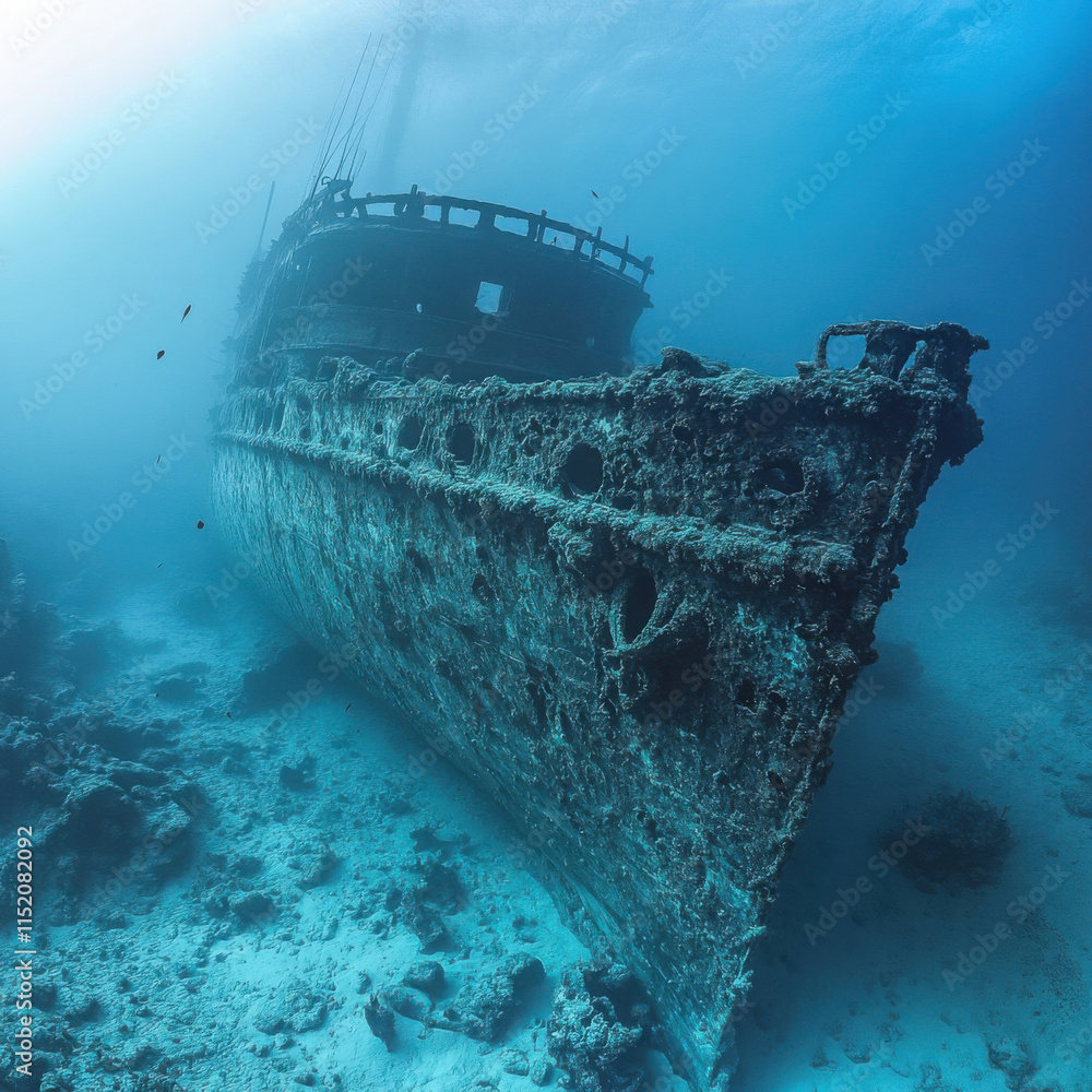 Ocean Decayed Corpse Underwater View of a Shipwreck Surrounded by Marine Life in Crystal ...