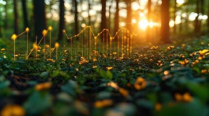 Aufkleber - Sunlight filters through trees in a forest, illuminating a bed of vibrant flowers and projecting a data graph above the ground. The scene captures the harmony of nature and technology.
