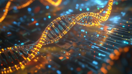 Aufkleber - This visual represents the blend of biotechnology and artificial intelligence, showcasing a digital DNA strand intertwined with computer circuitry.