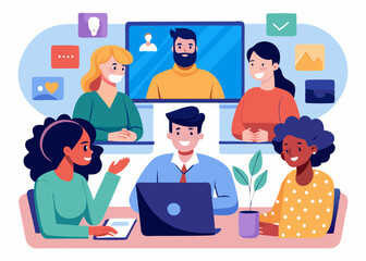 Wall Mural - A group of people in a video conference, each on their own screen, sharing ideas in a virtual meeting.