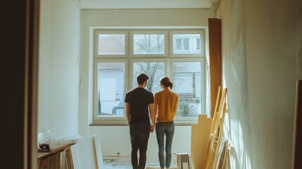 Aufkleber - A couple stands hand in hand, gazing out of large windows in an empty, freshly renovated room. The bright space has exposed walls and wooden materials scattered, suggesting future designs.