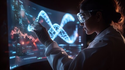 Fototapete - A researcher in a lab setting is focused on analyzing complex genetic data displayed on a large screen.