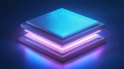 Wall Mural - A conceptual microchip with a layered design, featuring nanotechnology circuits glowing in soft blue and purple hues