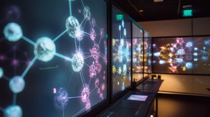 Aufkleber - Colorful digital representations of molecular connections display advanced research techniques in artificial intelligence and biotechnology.