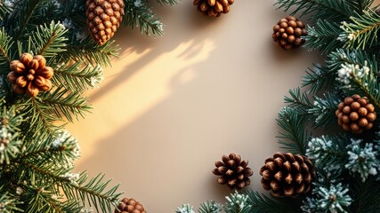 Poster - Festive Evergreen Branches with Pine Cones and a Hint of Snow on a Tan Background