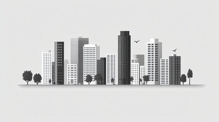 A city skyline with tall buildings and trees