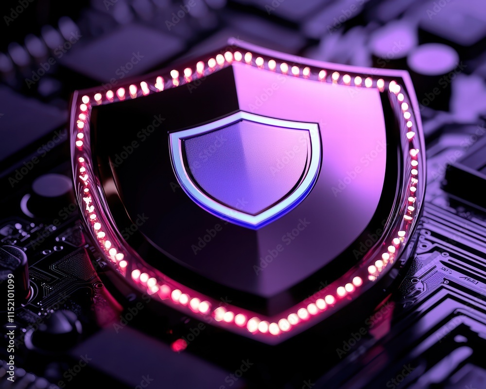 Stylized digital shield symbol on a dark circuit board background ...