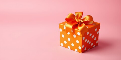 Poster - A single orange gift box with a white polka dot pattern and a bright orange bow sits on a pale pink surface.  The box is a symbol of celebration and joy, perfect for any special occasion.