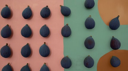 Wall Mural - Fresh deep purple-blue figs are lined up in a row, taking on the colors of future dusk, forming a natural ornamental pattern