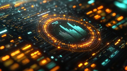 Poster - A digital interface showcases glowing metrics and a city skyline, representing data analytics and technology. The vibrant colors create a dynamic atmosphere, emphasizing innovation and insights.
