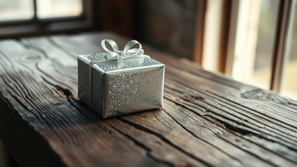 Canvas Print - A small silver gift box tied with a ribbon sits on a weathered wooden surface, bathed in soft natural light.