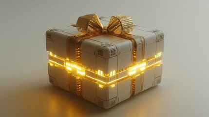 Wall Mural - A minimalistic futuristic gift box with glowing golden accents and a shiny ribbon on a smooth background