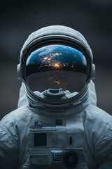 Wall Mural - An astronaut in a spacesuit floats in space, with a reflective visor showing Earth and distant stars