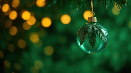 Wall Mural - A Festive Christmas Ornament Featuring a Delicate Leaf Design Within a Clear Glass Sphere, Adorned with a Golden Hanger and Set Against a Background of Blurred Lights and Evergreen Foliage