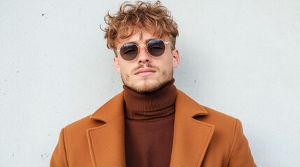 A confident young man, with sunglasses and a stylish coat, poses calmly against a simple neutral background, showcasing modern urban men's fashion.