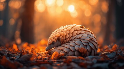 Canvas Print - A pangolin curled into a ball resting on a bed of autumn leaves, with a soft golden light filtering through the trees in the background