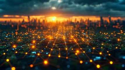 Aufkleber - A vibrant sunset casts a warm glow over a futuristic city, with illuminated digital connections forming a network across the landscape. The skyline features tall buildings and a dynamic atmosphere.