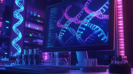 Fototapete - A computer screen displays dynamic graphics of DNA strands, highlighted in vivid colors.