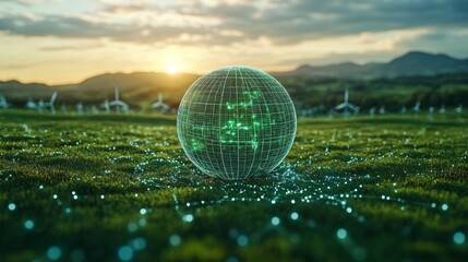 Aufkleber - A translucent globe with green digital patterns sits on a lush green field. Wind turbines are visible in the background under a vibrant sunset sky, highlighting renewable energy themes.
