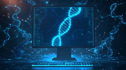 Aufkleber - A computer screen displays digital representations of DNA strands against a dark background, illustrating the intersection of artificial intelligence and bioinformatics.
