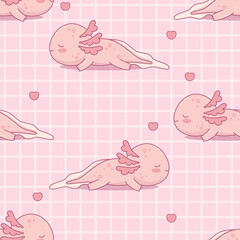 Seamless pattern with cute sleeping Axolotl on pink checkered background with heart. Funny Little cartoon kawaii character. Kids collection. Vector illustration