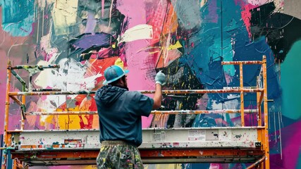 Poster - Artist creating vibrant mural with bold colors and abstract patterns in urban environment during daytime