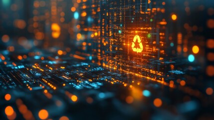 Poster - A futuristic digital landscape showcases a glowing circuit board filled with vibrant lights. The recycling symbol shines brightly, emphasizing an eco-friendly theme in a tech-inspired environment.